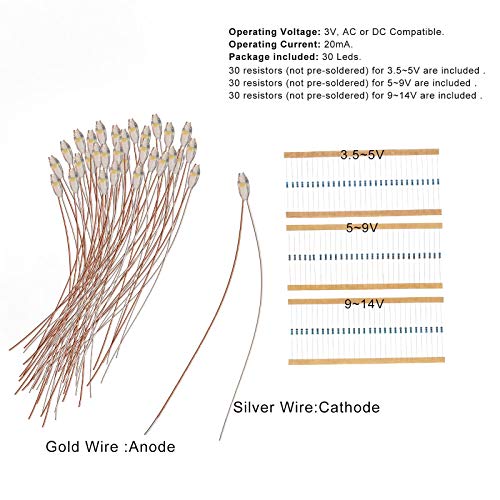 Evemodel 30pcs Pre-Wired Micro Litz Wire Warm White 0603 SMD LED Light 7.8'' Wire Resin Cover Waterproof CD0603WM - color: Gold