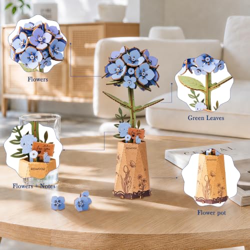 rowood 3D Puzzle Wooden Flower Craft Kits for Adults Women-Blue Hydrangea - style: Blue Hydrangea