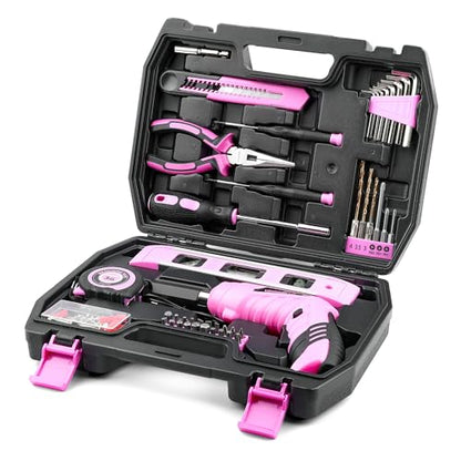 URASISTO 123 Piece Pink Household Tool Set with 3.6V USB Electric Screwdriver, Home Tool Kit with Cordless Lithium-ion Drill Driver, HandTool Kits for Women - size: 123 Piece