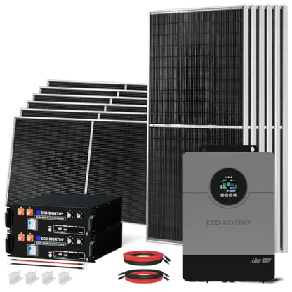 ECO-WORTHY 10KW Output 9.36KWH Off Grid Solar System Complete Kit for Home:12pcs 195W Solar Panels(2340W)+10KW 120V/240V Inverter (UL 1741)+ 2pcs 48V 100AH Lithium Batteries(UL 1973&UL 9540A) - size: ULTRA 10kWh+10kW Output