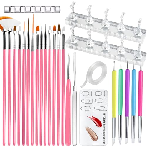 Nail Stand For Press On With Nail Art Brushes Nail Holder For Painting Practice Display Presson Nails Nail Art tools Set with Nail Dotting 3D Sculpting tools, Practice Kit Tech - color: Pink And Clear, size: Large