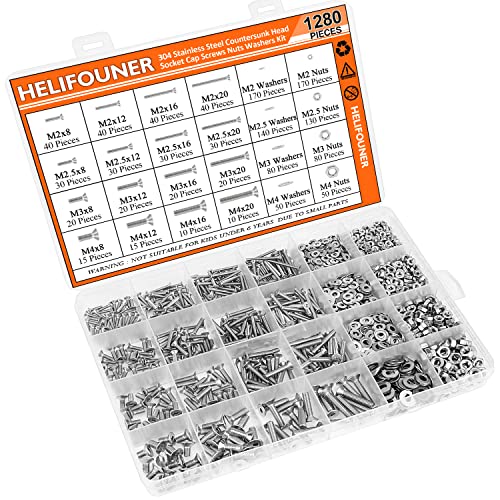 HELIFOUNER 1280 Pieces M2 M2.5 M3 M4 304 Stainless Steel Countersunk Head Socket Cap Metric Screws Bolts Washers Nuts Hardware Assortment Kit with Hex Wrenches - size: ['M2/M2.5/M3/M4']