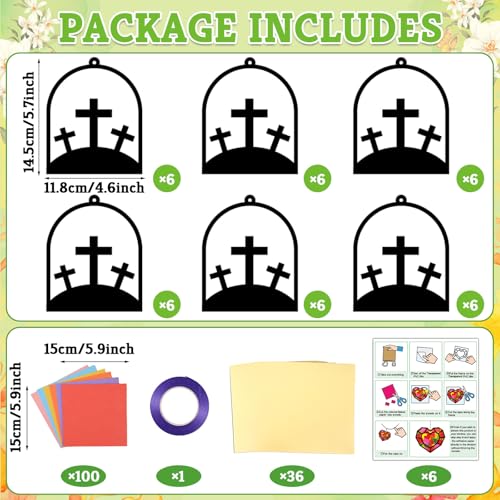 Qyeahkj 36 Set Easter Jesus Cross Suncatchers Crafts for DIY Christian Religion Cross Window Tissue Paper Craft Kit Hanging Decor for Home Activity Art Project Birthday Party Favor - style: Easter Jesus Cross