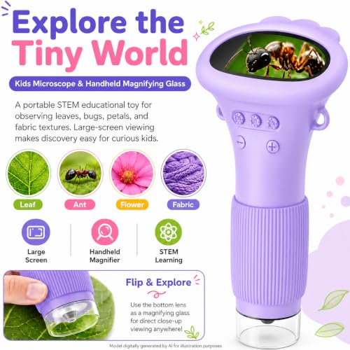 1000X Microscope for Kids, 2'' Screen Kids Wonder Quest Microscope Camera, Digital Handheld Microscope, Educational Kids Magnifying Glass, Christmas Birthday Gifts for Age 3 4 5 6 7 8 9 10- Purple - color: Purple