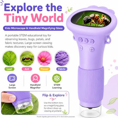1000X Microscope for Kids, 2'' Screen Kids Wonder Quest Microscope Camera, Digital Handheld Microscope, Educational Kids Magnifying Glass, Christmas Birthday Gifts for Age 3 4 5 6 7 8 9 10- Purple - color: Purple