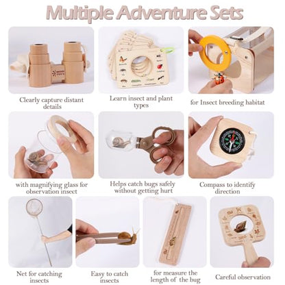 Bug Catcher Kit for Kids,11 PCS Wooden Bug Catching Kit with Butterfly Net,Magnifying Glass,Bug Habitat,Binoculars,Compass,Kids Explorer Kit for Backyard & Camping,Fun Gift for Girls Boys (11PCS)