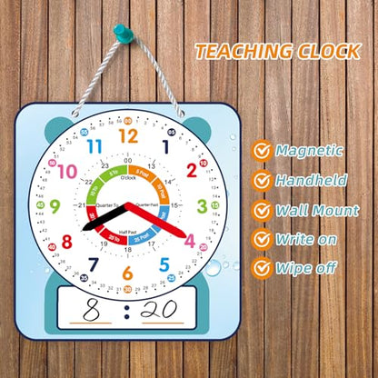 ANCOMEDO Large 12" Magnetic Writable Dry Erase Teaching Clock,Teaching Demonstration Clock for Kids Learning Time with Cute Style for Home School Classroom Supplies(12" x 11") - style: Cute blue-1pack
