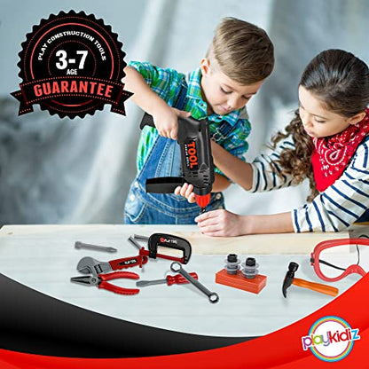 Playkidz Tool Box for Kids 22-Piece Boys & Girls Construction Toy Playset w/ Carry Chest, Working Push Button Power Drill, Hammer, Screwdriver, Wrench, Pliers, Saw & Other Realistic Tools Ages 3+
