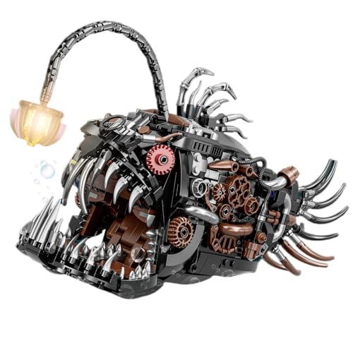 Mechanical Angler Fish Building Blocks Kit for Kids & Adults– Premium STEM Toy Set for Boys 8-14+, 1038+ Pieces Artistic Steampunk Light-Up Model Kits, for Teens & Collectors