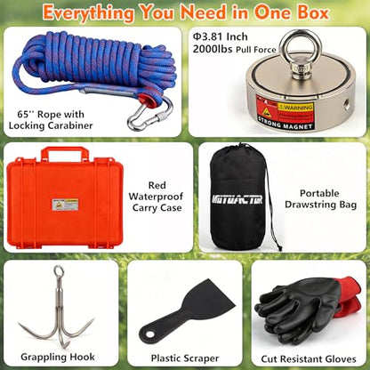 MUTUACTOR Fishing Magnet Kit Heavy Duty,Super Strong 2000lbs Double Sided Neodymium Magnet,Φ3.81”Permanent Rare Earth Magnets Fishing with 65FT Rope Gloves for Hunting Retrieval Underwater Searching - style: 2000lb Magnet(Double Sided) with Box--Φ 3.81"
