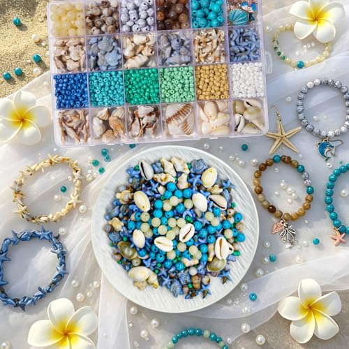 1570Pcs Ocean Beads for Bracelets Making Kit, Blue and White Summer Beach Bead for Jewelry Making, Sea Turtle Seashell Starfish Shape Beads 8mm Round Glass Seed Bead for DIY Craft Bracelets Earring