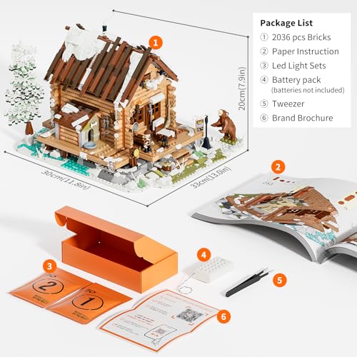 FUNWHOLE Hunting-Cabin Lighting Building-Bricks Set - Retro Wooden Cabin LED Light Construction Building Model Set 2036 Pcs for Adults and Teen