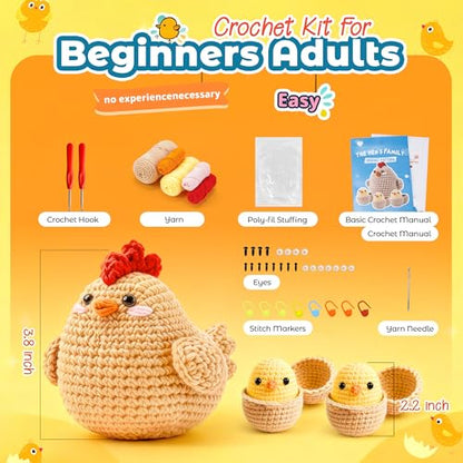 Joyclub Crochet Kit for Beginners 4 Chicken Family with Video for Adults - color: Crochet Chicken