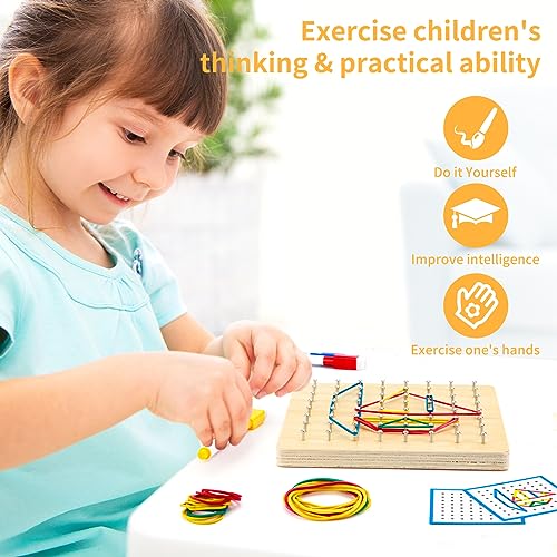 HEELWIRE Wooden Geoboard, Montessori Educational Toy for Kids with Pattern Cards and Rubber Bands to Figures and Shapes, Brain Teaser STEM Geo Board - size: 7*7*0.6 in Plus