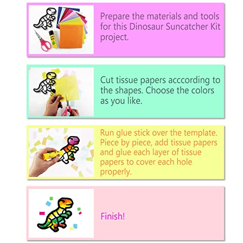 VHALE Suncatchers Craft 3 Sets (9 Cutouts) w Tissue Papers Stained Glass Effect Paper Sun Catcher Kit, Window Art, Classroom Crafts, Creative Art Projects, Kids Party Favors (Dinosaur) - style: Dinosaur