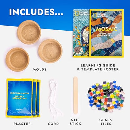 National Geographic Mosaic Arts and Crafts Kit for Kids - Mosaic Kit for Creating 3 Glass Tile Mosaic Art Projects, Includes Glass Tiles, Templates, Plaster & More, Art Supplies, Mosaic Kits for Kids - style: Mosaic Craft Kit