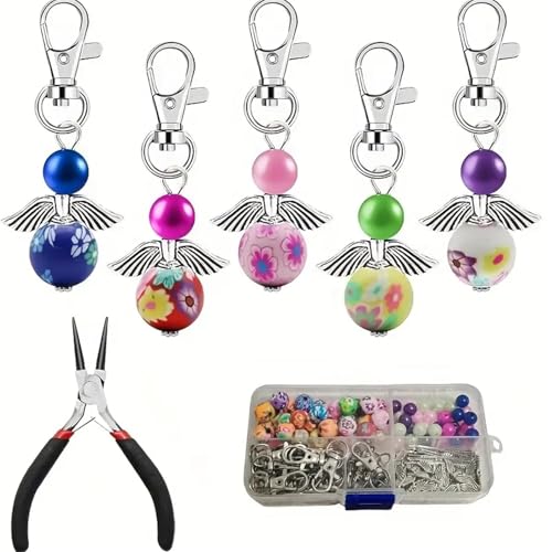 Metacipher 180Pcs DIY Angel Keychain Making Kit with Beads & Pliers - color: Flowers Beads