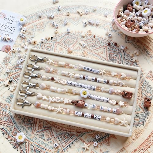 Tuhangcc 16 Set DIY Keychain Making Kit，Adjustable Letter Alphabet Beads Strings,Keychain Bohoemian-Chic Beads, 16 Charm Cards with Lobster Clasps & Strings for Boho Party Favor - color: Boho