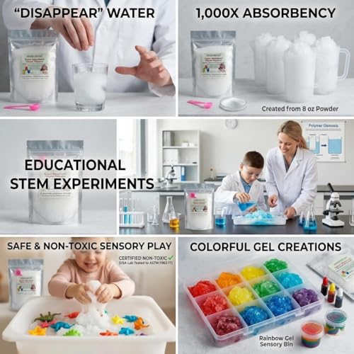 Super Absorbent Polymer (8 oz) – Fine Granular Water Gel Crystals for STEM Experiments, Sensory Play, and Magic Tricks – Absorbs 1,000x Its Weight – Certified Non-Toxic
