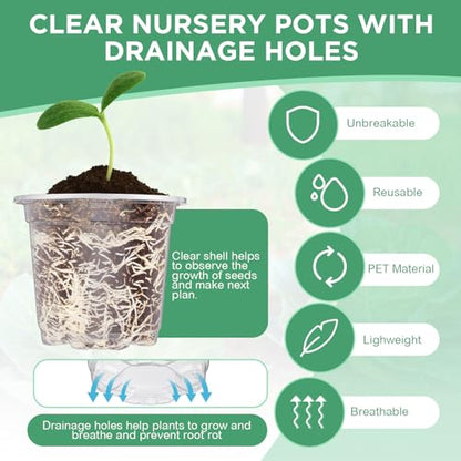 Vesici 10 Pack Seed Starter Tray Kit Seedling Starter Trays with 60 Pcs 4 Inch Nursery Pots and Humidity Dome (60 Cells) Mini Greenhouse Plant Germination with Labels for Garden(Clear)