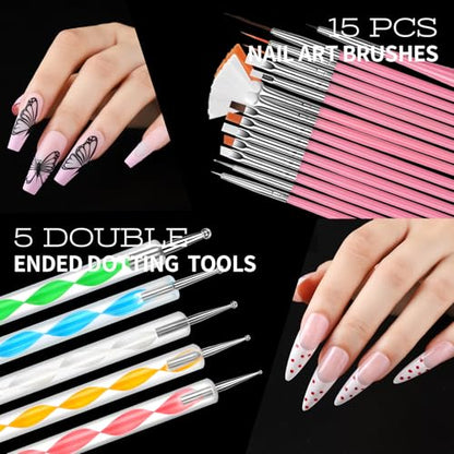 Teenitor Nail Charms and Nail Art Tools Set, Nail Art Kit with 5 Boxes of 3D Nail Charms and Gems Rhinestones, 15 Pcs Nail Art Brushes, 5 Pcs Nail Dotting Tools, 2 Set of Nail Stand