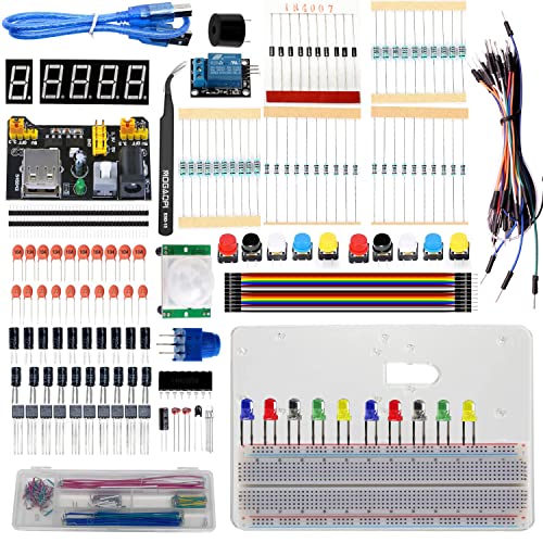 Electronics Component Fun Kit, Component for Arduino/Raspberry Pi, Breadboard, Power Supply Module, Jumper Wire, LED Diode, Resistors, Tact Switch, Potentiometer, Capacitor, Transistor