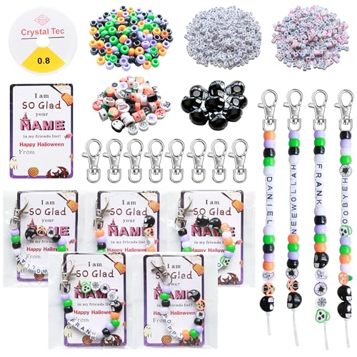 Tuhangcc 773 Pcs DIY Keychain Making Kit，Adjustable Letter Alphabet Beads Strings,Keychain Skull Head Beads,16 Charm Cards with Lobster Clasps & Strings for Halloween Party Favors - color: Halloween