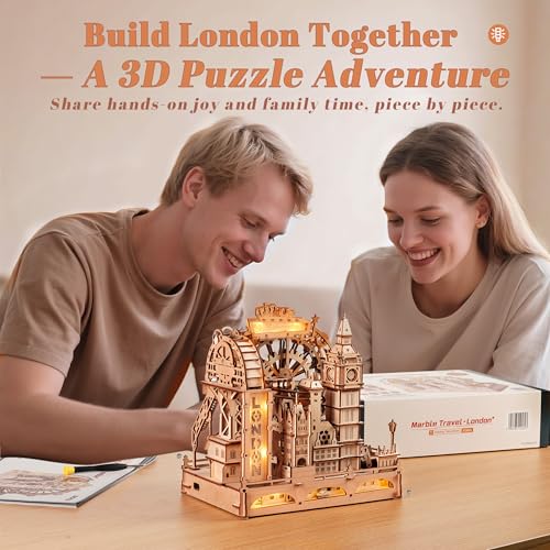 ROBOTIME Wooden Town Marble Run - 3D Wooden Puzzles for Adults EGB01 Night City Marble Run Kit - Wooden Puzzle Models for Adults to Build - Space/STEM/Engineering Gift