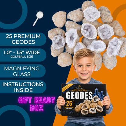 Break Your Own Geodes Kit, 25 Moroccan Geodes 1-1.5", 90% Hollow, Crack Open & Discover Surprise Crystals Inside – Educational Geology Kit, Instructions Included, Party Favors (Small 1–1.5") - size: SMALL (1.0"-1.5")