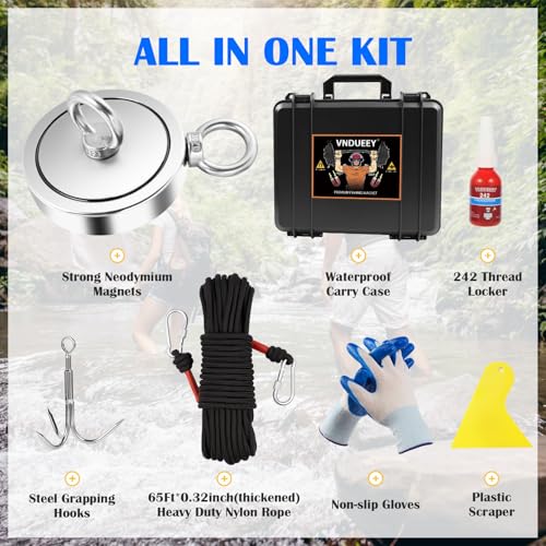 VNDUEEY 2625LBS Magnet Fishing Kit, 4.57" Double Hole Fishing Magnet Kit with Rope, Strong Magnets for Retrieving in River Lake Beach Lawn, Includes 65Ft Rope, Carabiner, Gloves, Grappling Hook, Case - size: 4.57" 2625LBS, style: Double Hole Kit with Case