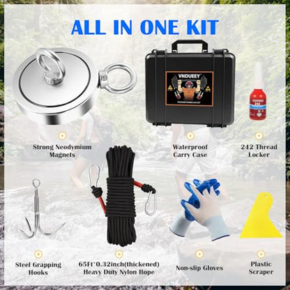 VNDUEEY 2625LBS Magnet Fishing Kit, 4.57" Double Hole Fishing Magnet Kit with Rope, Strong Magnets for Retrieving in River Lake Beach Lawn, Includes 65Ft Rope, Carabiner, Gloves, Grappling Hook, Case - size: 4.57" 2625LBS, style: Double Hole Kit with Case