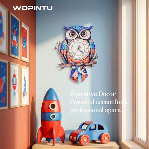 3D Wooden Owl Clock Puzzle – Colorful Deep Cobalt Blue and Red Design – DIY Model Kit for Teens & Adults (15+) – Unique Wall & Desk Clock with Roman Numerals – Gift-Ready Packaging - color: Deep Cobalt Blue