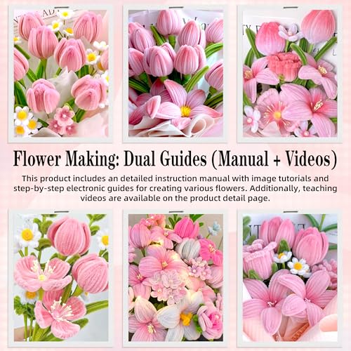 LINAYE 500 PCS Pipe Cleaners Craft, 6 Colors Pipe Cleaners Flowers Kit, Chenille Stems for Crafts with Instruction Wrapping Paper, Flower Stamens, Stems Art and Craft Supplies Pink (12inch x 6mm) - color: Pink