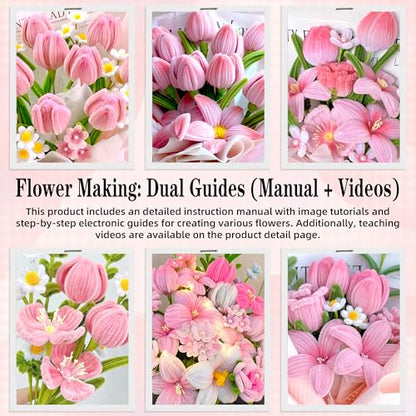 LINAYE 500 PCS Pipe Cleaners Craft, 6 Colors Pipe Cleaners Flowers Kit, Chenille Stems for Crafts with Instruction Wrapping Paper, Flower Stamens, Stems Art and Craft Supplies Pink (12inch x 6mm) - color: Pink