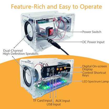 Blutoth-Compatible Speaker Kit Multi-Function Soldering Practice kit Voice-Activated Level Indicator Dual Channel Speaker for Soldering Project Transparent Speaker - color: Transparent case