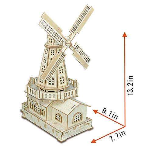 3D Wooden Puzzles Laser Engraving DIY Safe Assembly Constructor Kit Toy for Teens and Adults, World Famous Buildings Mechanical 3-D Models for Self-Assembly (C2 Dutch Windmill)