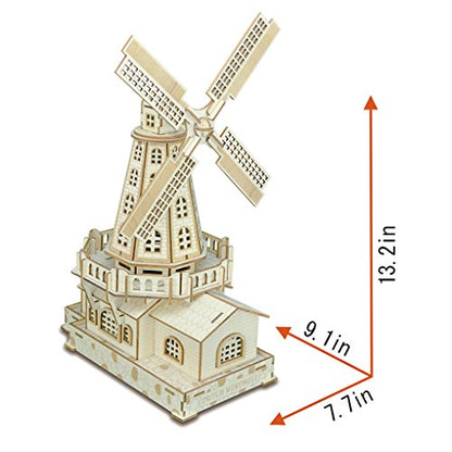3D Wooden Puzzles Laser Engraving DIY Safe Assembly Constructor Kit Toy for Teens and Adults, World Famous Buildings Mechanical 3-D Models for Self-Assembly (C2 Dutch Windmill)