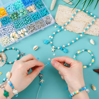 UPINS 2100Pcs Ocean Beads Bracelet Making Kit,Summer Beach Beads for Jewelry Making Sea Shell Blue White Turquoise Starfish Turtle Charms for Summer DIY Craft Gift - color: Blue White