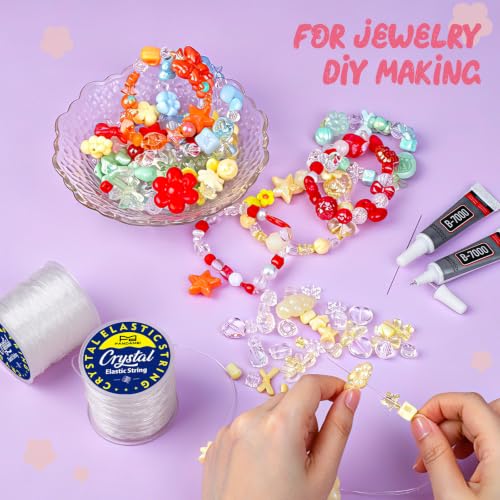 Fandamei Elastic String for Bracelets Making Kit, 1mm&0.8mm Clear Bracelet String, 10ml B7000 Glue*4 with Stretchy Bracelet String, Jewelry Glue&Beading Needles for DIY Necklaces, Bracelets & Jewelry