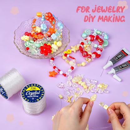 Fandamei Elastic String for Bracelets Making Kit, 1mm&0.8mm Clear Bracelet String, 10ml B7000 Glue*4 with Stretchy Bracelet String, Jewelry Glue&Beading Needles for DIY Necklaces, Bracelets & Jewelry