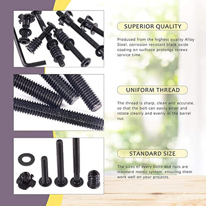 Swpeet 180Pcs M6 Carbon Steel Black Hex Drive Socket Cap Bolts and Threaded Inserts Nuts with T Nut 4 Pronged Tee Blind Nuts and Flat Washers Kit, 1Pcs Wrench Bolts Fully Threaded Hex Socket Screws