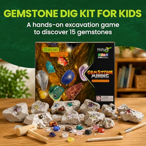 Nature Gear Gemstone Dig Kit for Kids, Educational Crystal Excavation Kit with 15 Mystery Gems, Interactive Adventure Fossil Mining Toy for Kids Age 3-5 and Up - style: Gemstone Dig Kit
