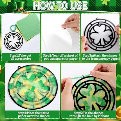 Qyeahkj 36 Set St. Patrick's Day Suncatchers Crafts for DIY Shamrock Window Tissue Paper Craft Kit Hanging Decor for St. Patrick's Day Home Activity Art Project Birthday Party Favor - style: Lucky Shamrock