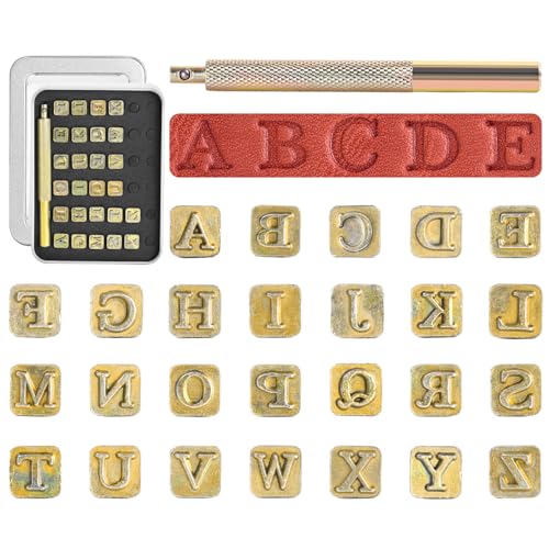 BESTNULE 27pcs Leather Stamps, Leather Stamping Kit, Leathercraft Stamping Tool Set, 26PCS Capital Letter Leather Stamps 6mm + 1 Stamping Handle for Leather Craft - color: 6mm(27pcs)