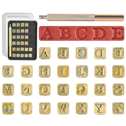 BESTNULE 27pcs Leather Stamps, Leather Stamping Kit, Leathercraft Stamping Tool Set, 26PCS Capital Letter Leather Stamps 6mm + 1 Stamping Handle for Leather Craft - color: 6mm(27pcs)