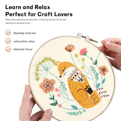 Beginner Fox Embroidery Kit for Adults, Pre-Printed with Video Tutorial - color: Fox