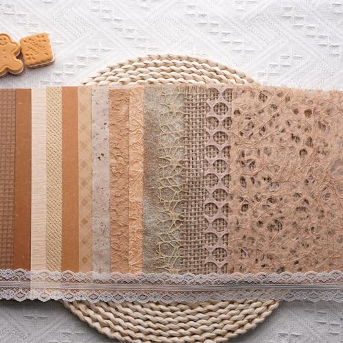 15Pcs Handmade Scrapbook Art Paper Craft Textured Paper Colorful A5 sheet Mesh Special Mix for Scrapbooking Junk Journal Journaling Supplies DIY Materials,5.8x8.2 inches (Brown)