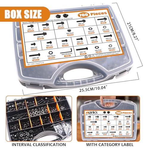 mankk 700PCS M6 Flange Bolt and M6 Button Head Hex Socket Cap Screws Assortment Kit M6×1.0 (10mm to 35mm) Metric Grade 10.9 Alloy Steel Class Hex Bolts and Nuts Washers Kit - size: 700PCS M6, style: Flange & Button & Hex Socket Cap
