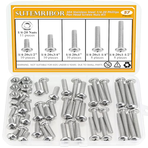 57 Pieces 1/4-20 x 1/2", 3/4", 1", 1-1/4", 1-1/2", Phillips Pan Head Machine Screws Nuts Assortment Kit - size: 1/4"-20, style: Phillips Pan Head