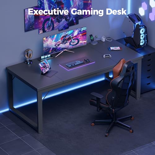 Mericonia 63 Inch Computer Desk with Power Outlets, 1.2" Thick Office Table - color: Black, size: 63*23,1.2"T